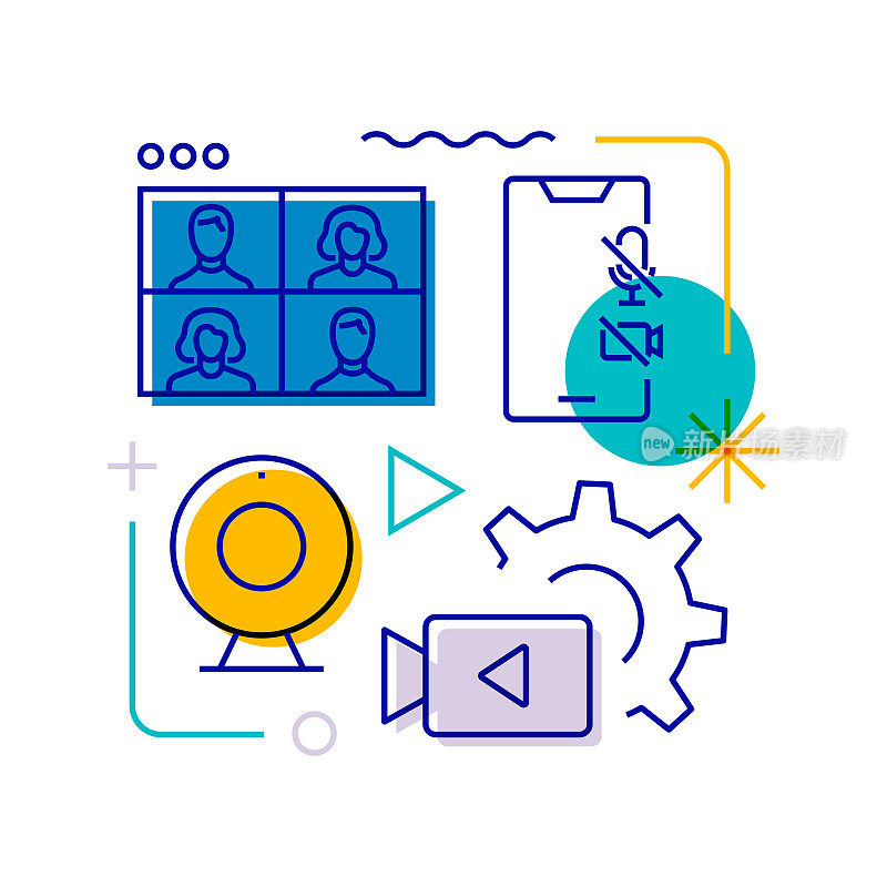 在线会议相关设计元素。带有轮廓图标的图案设计。色彩斑斓的矢量图