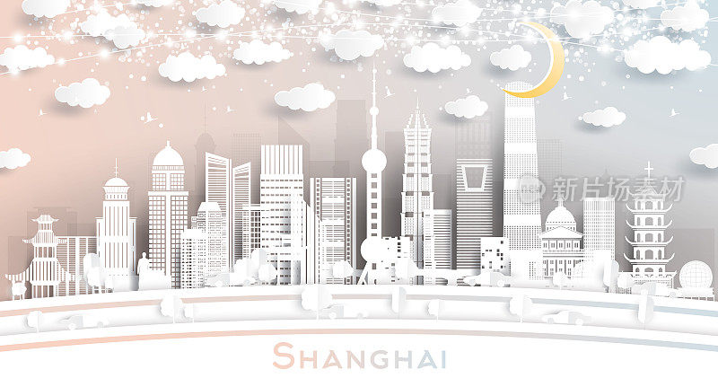 剪纸风格的中国上海城市天际线与白色建筑，月亮和霓虹灯花环。