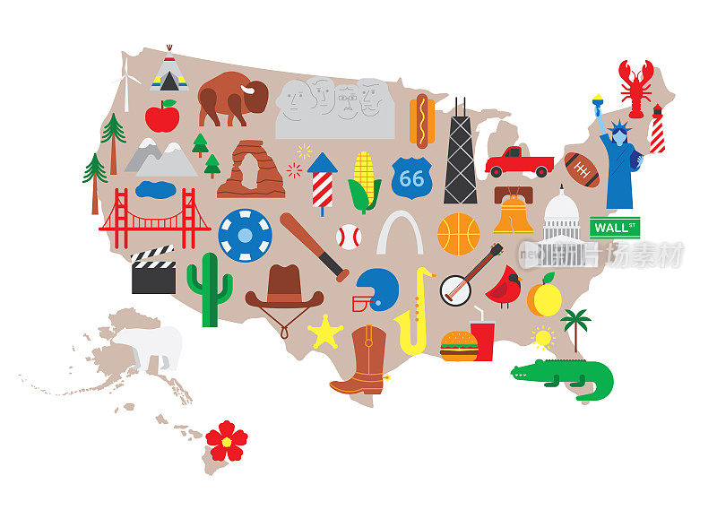 美国公路旅行美国地图旅行地标剪贴画美国文化图标