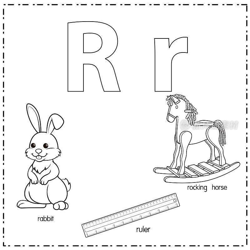 向量插图学习字母R的小写和大写的儿童与3卡通图像。兔子尺子摇摆木马。