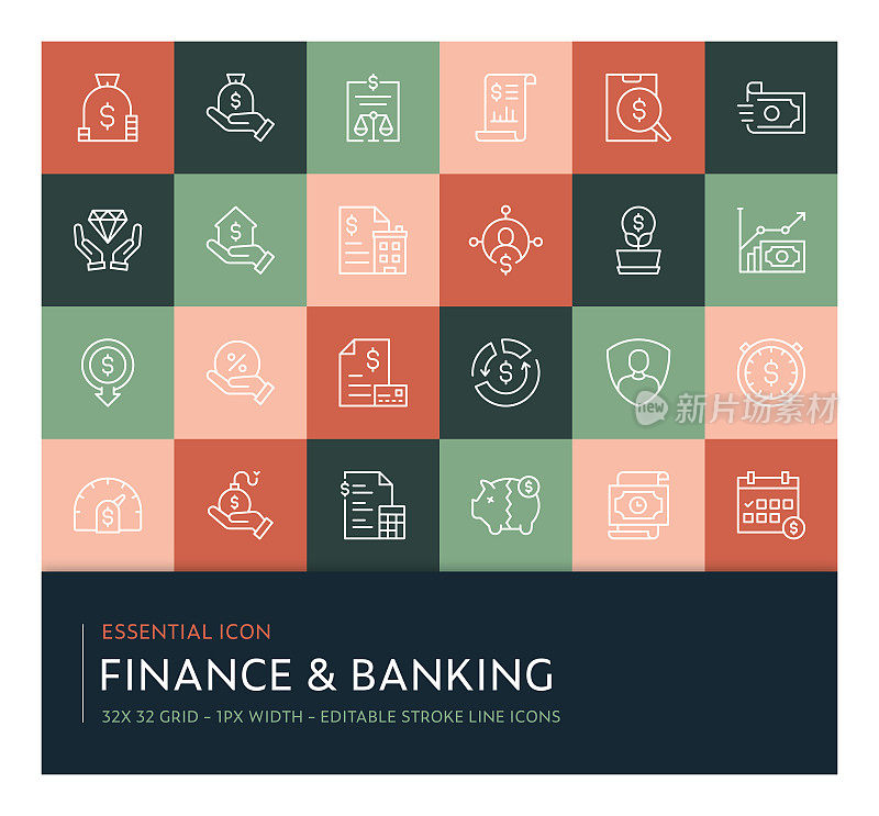 金融和银行可编辑的笔触线图标集合