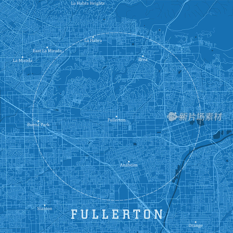 富勒顿CA城市矢量道路地图蓝色文本