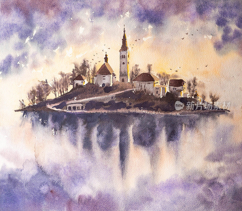山上的城堡倒映在水中。多雾的早晨。水彩。插图