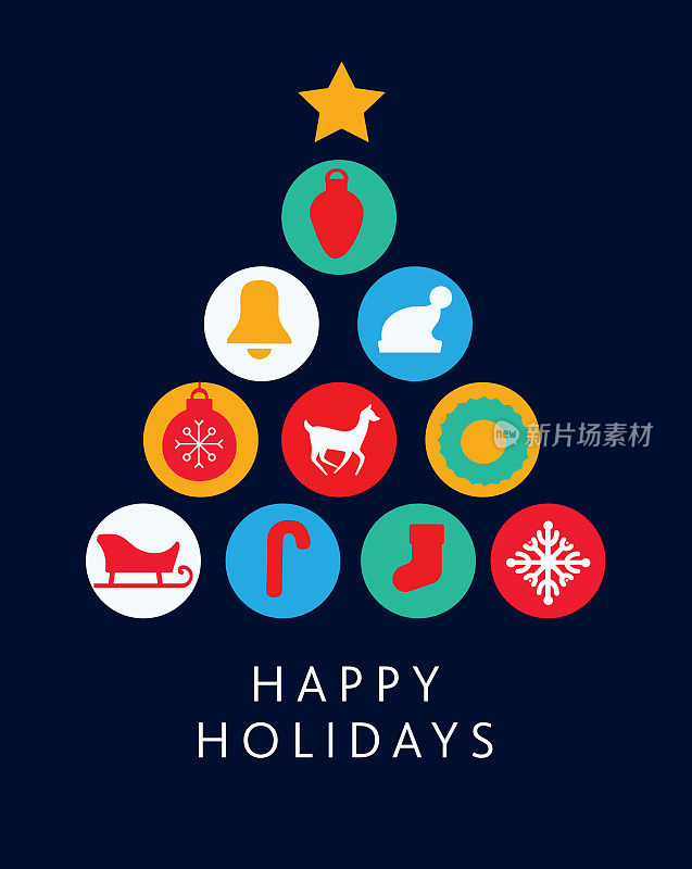 快乐节日贺卡平面设计模板圣诞树形状与几何形状和简单的图标