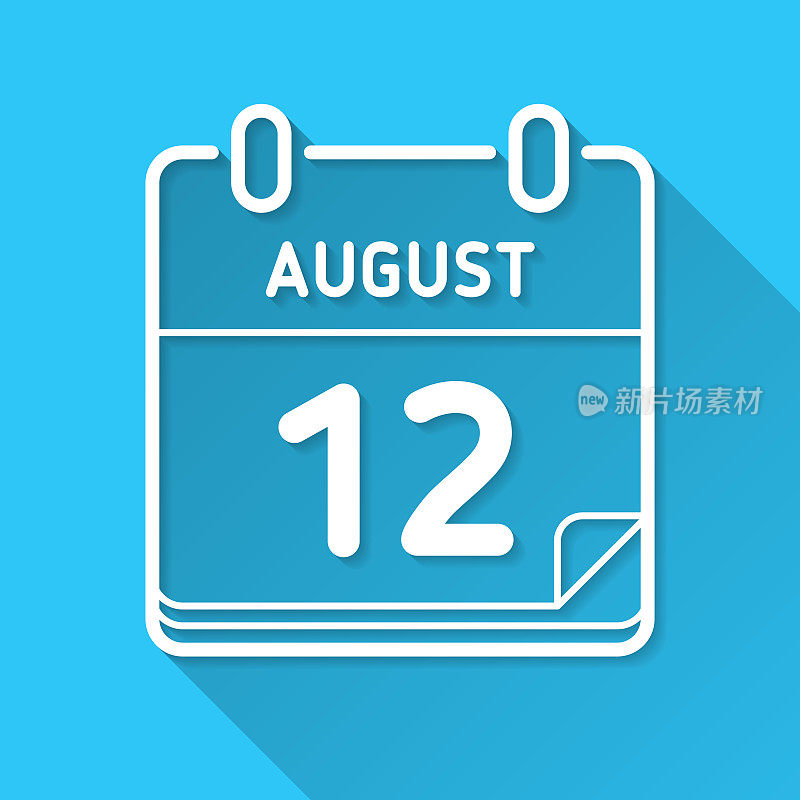 8月12日。图标在蓝色背景-平面设计与长阴影