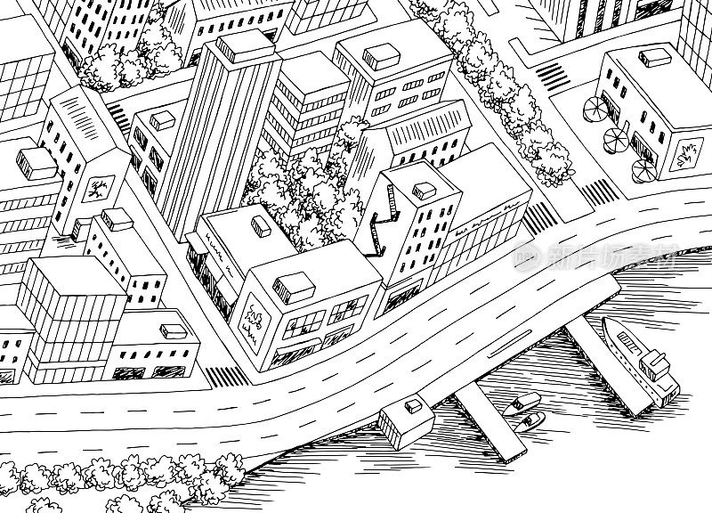 城市俯视图从上方空中十字路口街道图形黑白草图插图矢量