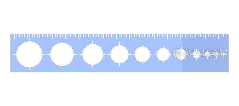 矢量卡通蓝色矩形尺子与不同直径的圆。