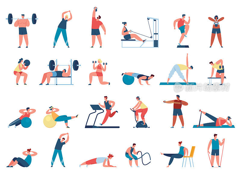 人们在健身房锻炼身体。男女角色引领健康的生活方式。男人用杠铃和重量训练