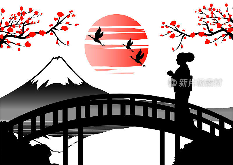 日落时分，身着和服的日本女子站在富士山附近的桥上