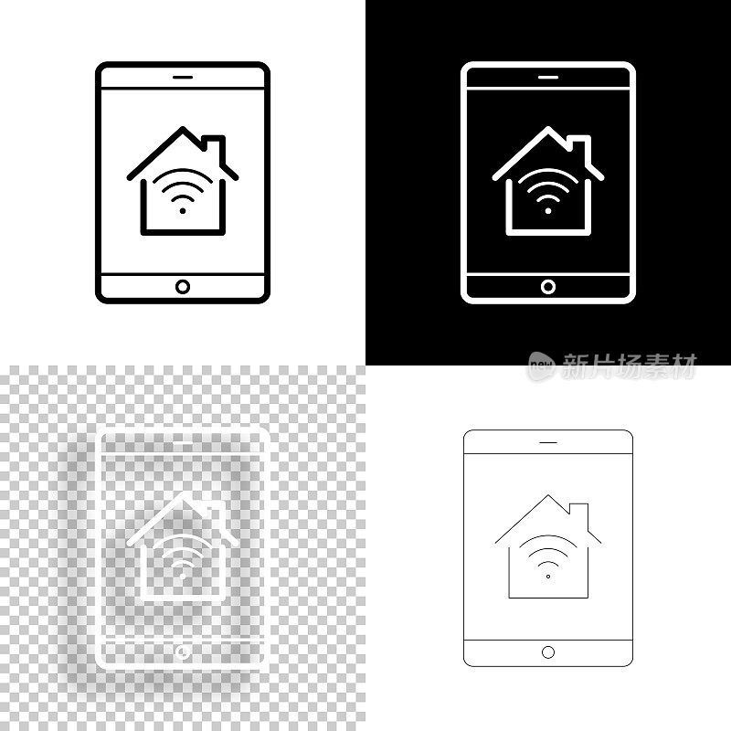带智能家居的平板电脑。图标设计。空白，白色和黑色背景-线图标