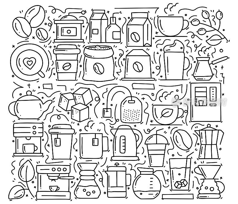 咖啡和茶相关的对象和元素。手绘矢量涂鸦插图集合。手绘图案设计