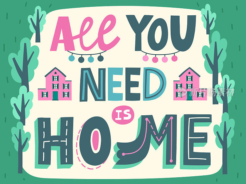 所有你需要的是家庭字母海报与可爱的树和房子