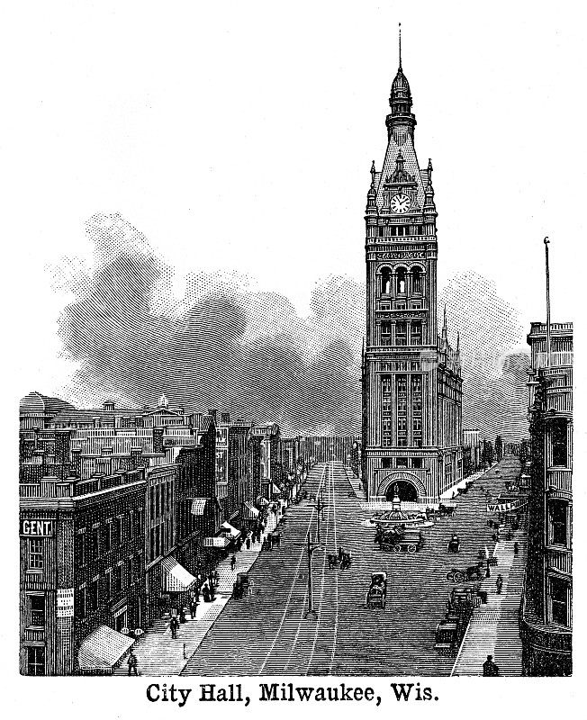 密尔沃基市政厅，黑白雕刻1898年
