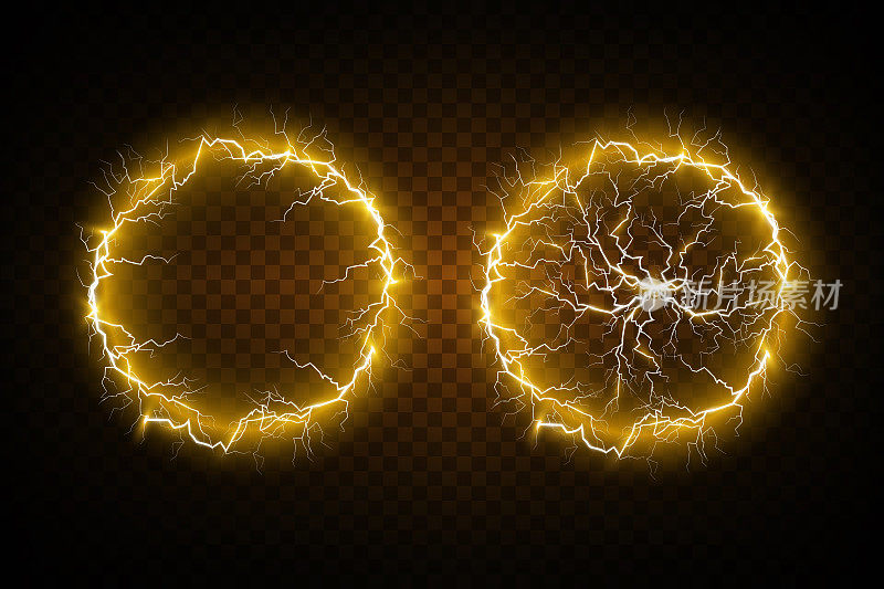 透明背景上的球状闪电。矢量插图，抽象的闪电在金色。闪电，雷声，火花。