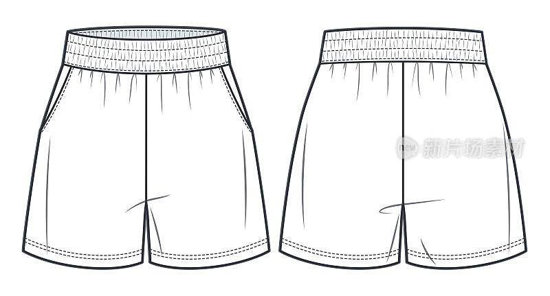 男女通用的运动短裤技术时尚插图。短裤时尚平模板，前面和后面，白色的颜色。运动服中性CAD模型。