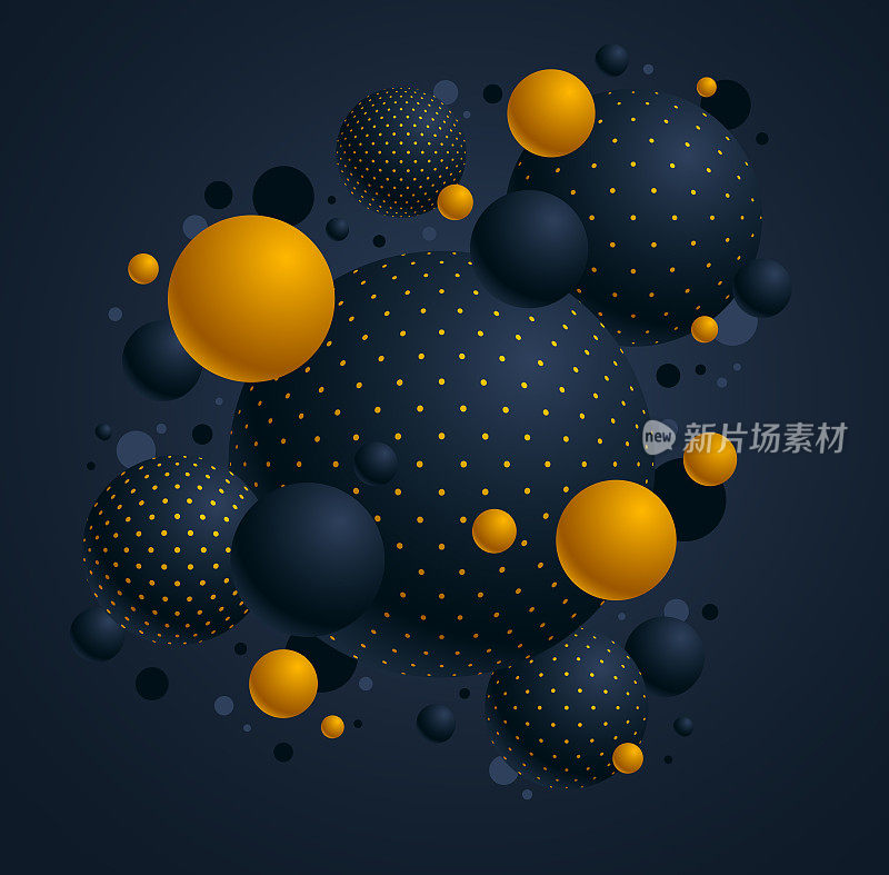黑色和黄色点球体矢量插图，抽象的背景与美丽的圆点球，3D球体设计概念艺术。