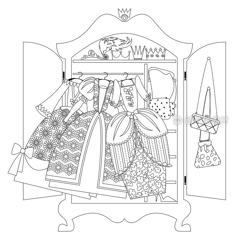 童话公主“u2019的衣柜里有各种各样的衣服。oloring页面