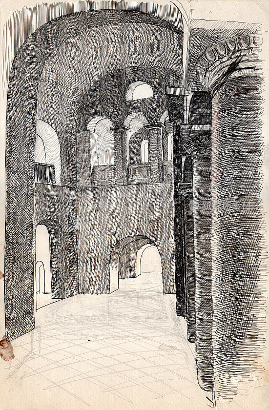 手绘水墨画和钢笔内部素描古代东正教教堂在切尔尼hiv