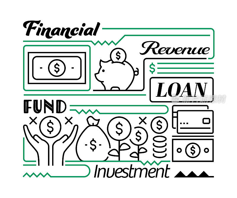 金融和货币对象和元素。线条图标插图集合。图标设置或标题模板。