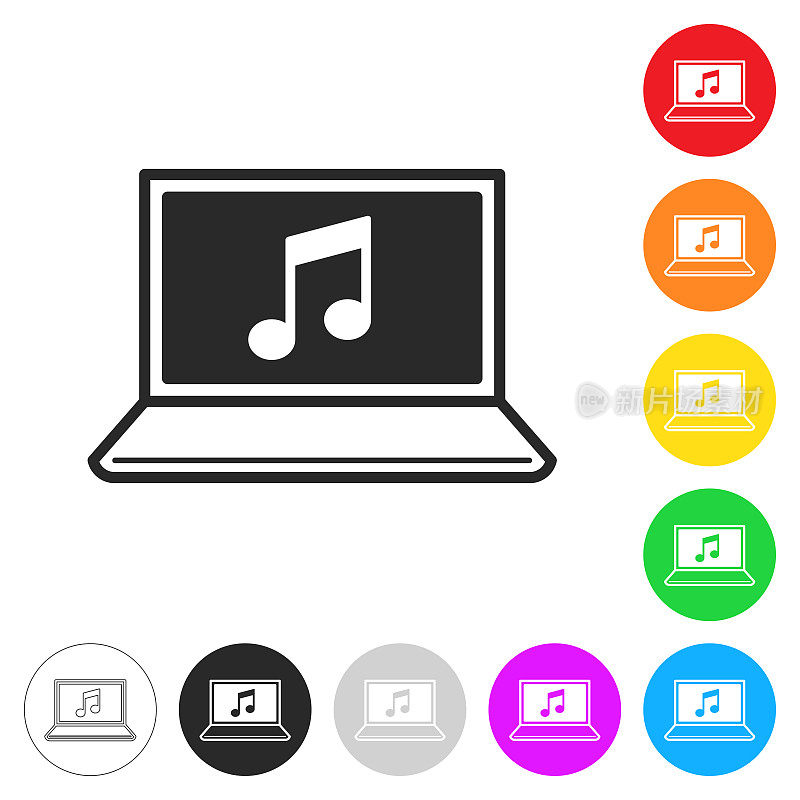 音乐上的笔记本电脑。彩色按钮上的图标