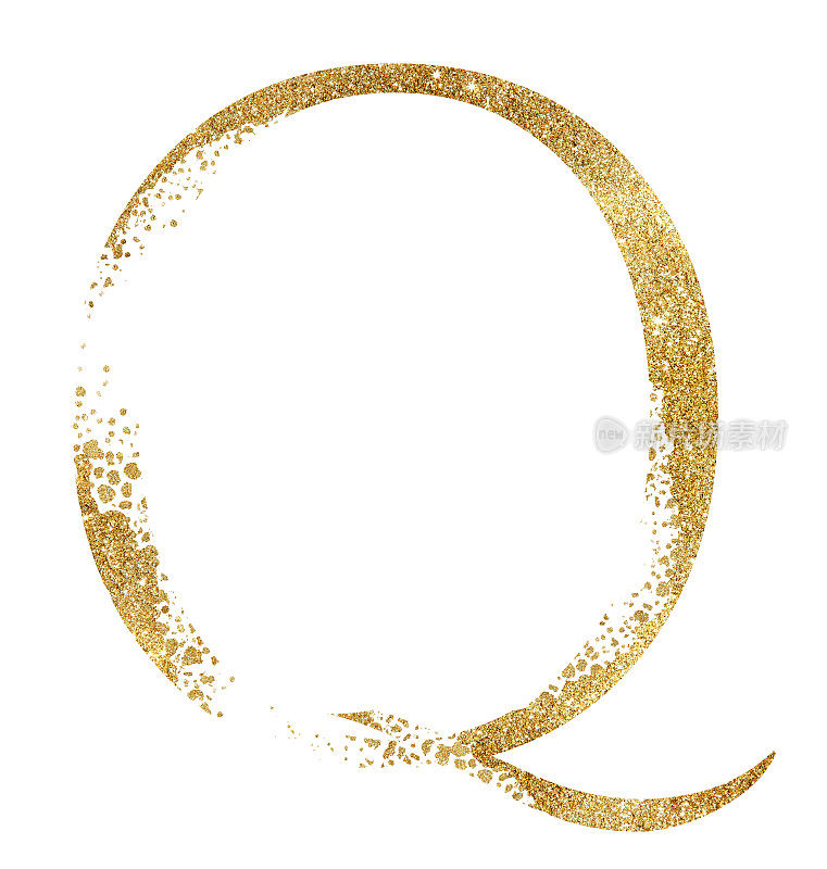 金光闪闪的大写字母Q配以分散效果孤立的插图，喜庆的设计元素