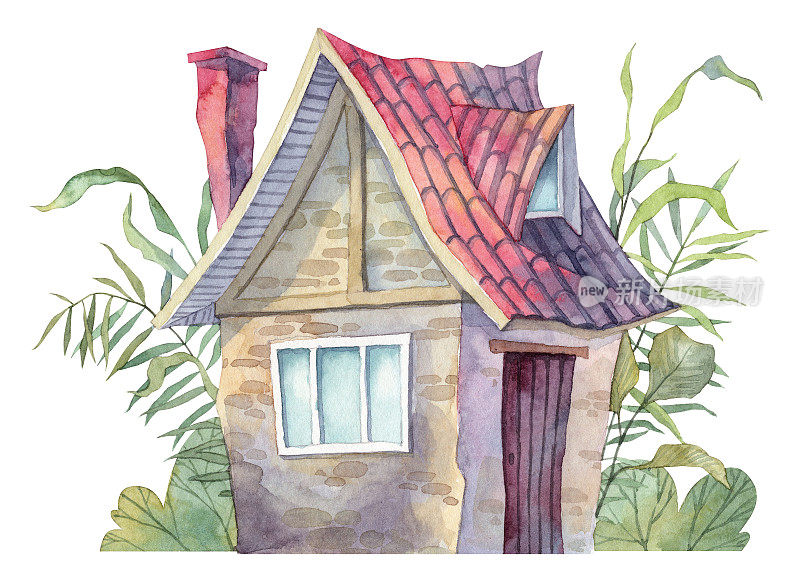 森林里可爱的小木屋。水彩手绘插图的海报和问候和明信片设计。透视图房子，瓦片屋顶和绿色植物
