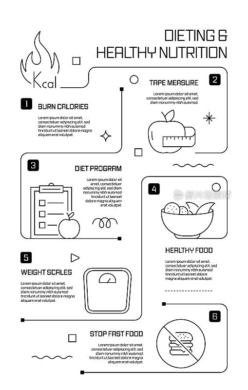 节食和健康生活方式相关矢量横幅设计概念，现代线条风格与图标