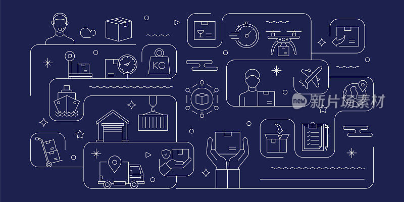 交付和物流相关矢量横幅设计概念，现代线条风格与图标