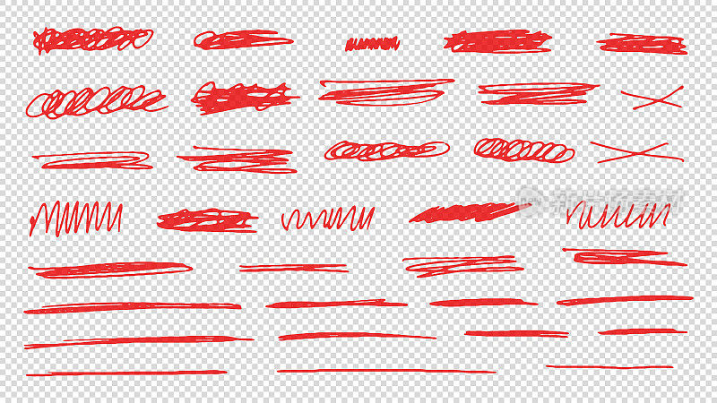 红色钢笔收集手绘线条，下划线笔画和涂鸦。