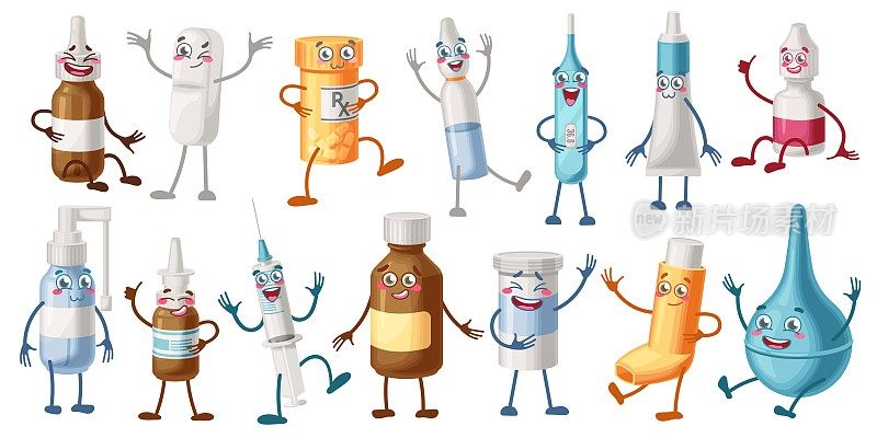 卡通医药公司的角色。药丸瓶吉祥物，惊喜的医疗注射器和快乐的药物。可爱的制药平板电脑
