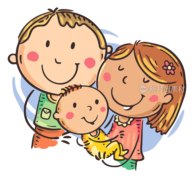 父母拥抱婴儿的插图。快乐的卡通爸爸妈妈拥抱着孩子