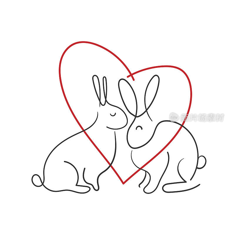用手画一条线兔子的心。一条线画兔子孤立。