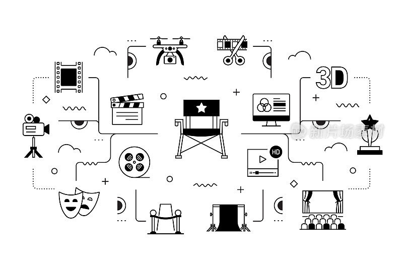 电影和电影相关矢量横幅设计概念，现代线条风格与图标