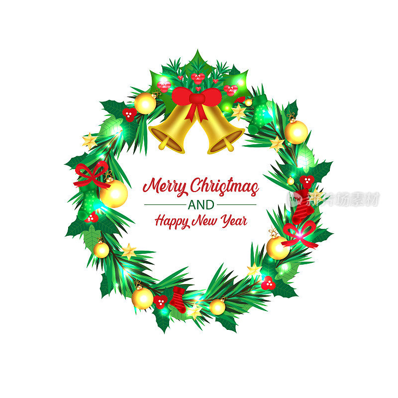 一套现实的圣诞花环花环装饰孤立或圣诞装饰花环与金铃和红色蝴蝶结丝带或圣诞快乐装饰
