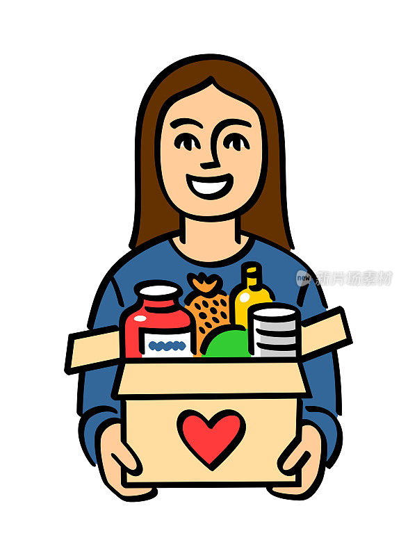 妇女拿着食物盒。涂鸦风格矢量插图