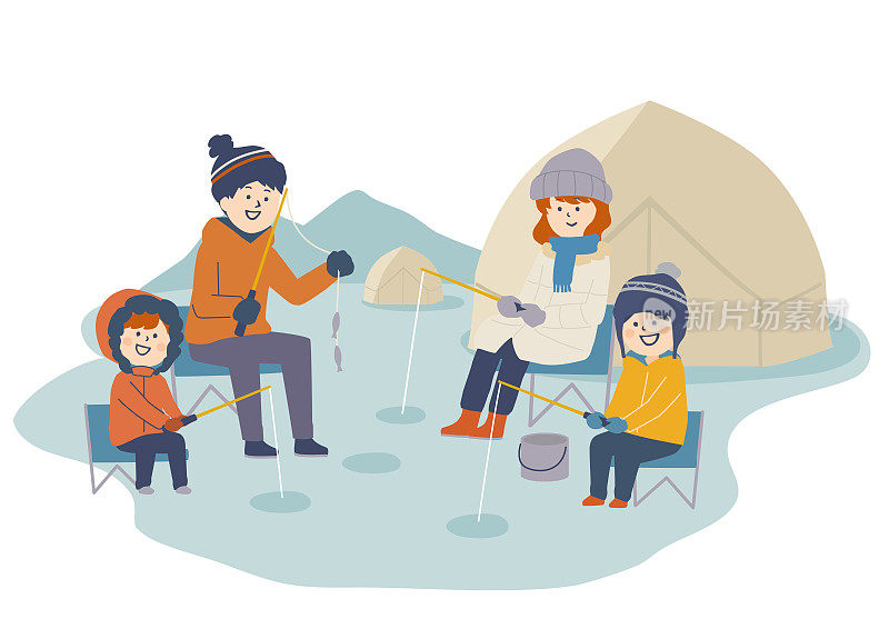 一个家庭在日本池塘捕鱼的插图
