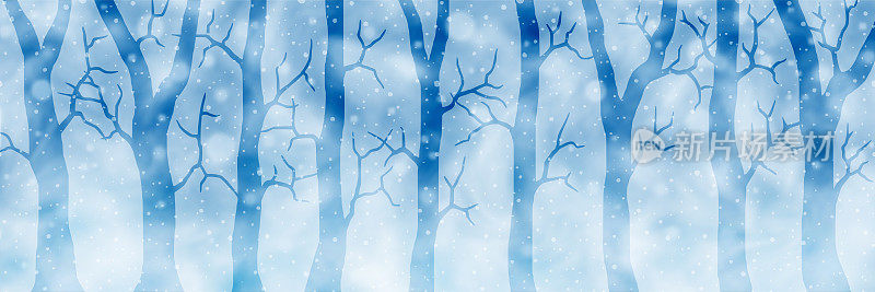 风格化的冬季森林，雪景全景