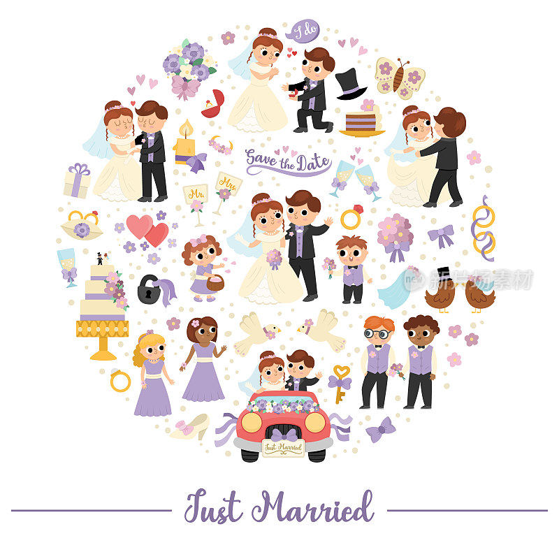 向量婚礼圆框与刚刚结婚的夫妇。婚礼仪式卡片模板为横幅、请柬。可爱的婚礼插画与新娘，新郎，伴娘，新郎，蛋糕，戒指