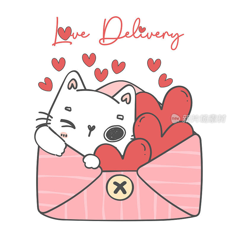 可爱甜美的情人节白色小猫猫在爱信封红心卡通动物涂鸦手绘插图矢量