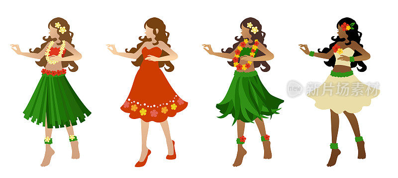 草裙舞的插图。呼啦舞女孩的剪影在夏威夷文化服装不同的设计变化。白色背景上的剪纸。各种头发和肤色。许多服装设计。