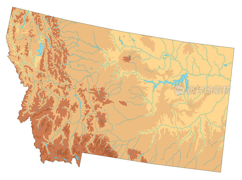 高度详细的蒙大拿州物理地图。