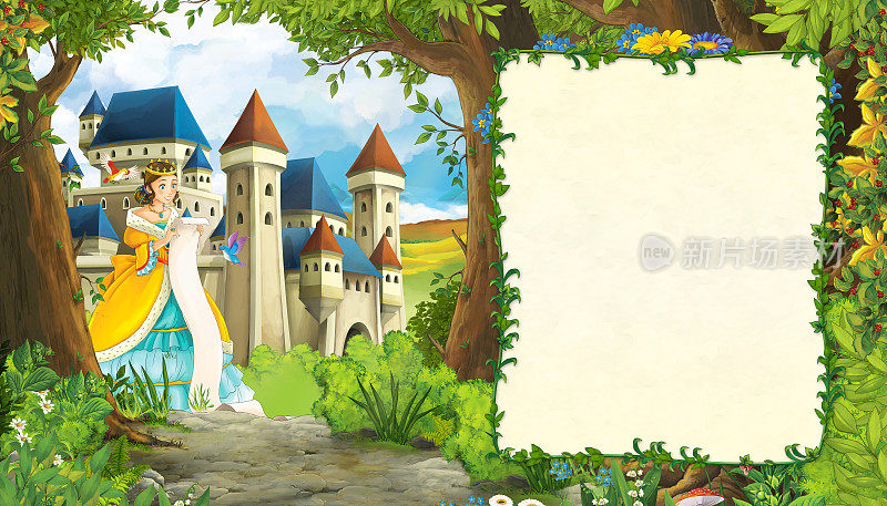 卡通自然场景与美丽的女孩公主和城堡与框架文本插图的孩子