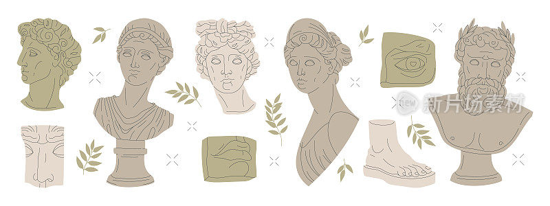 希腊大理石雕塑。古董雕塑和雕像，经典古希腊神和女神的头部和身体部位平面卡通矢量插图集
