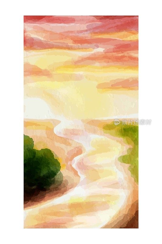 水彩画的风景，红色的日落河，森林
