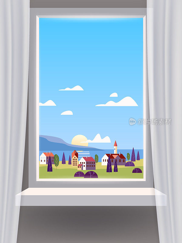 窗口视图内部，最小的景观，海，海洋，沿海城镇，，山脉