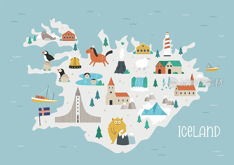 矢量插图冰岛地图与著名的符号，地标，动物。