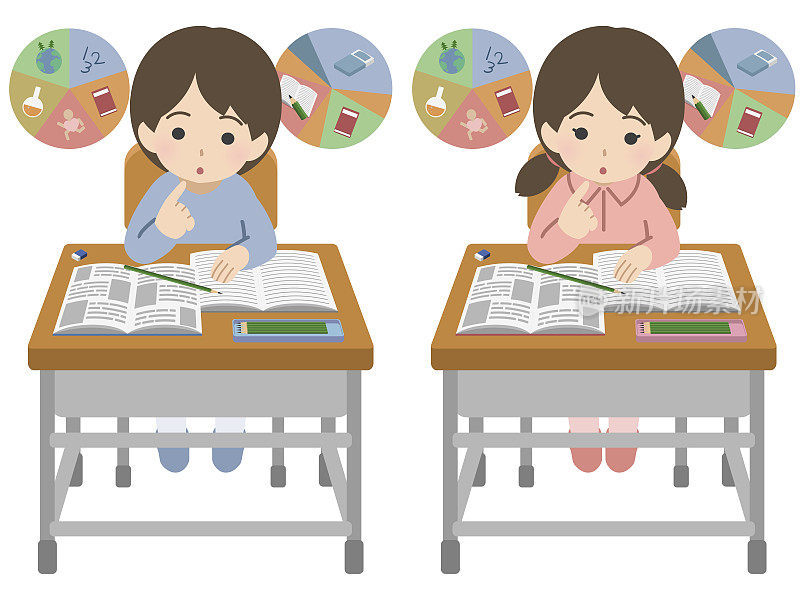 一个男孩和一个女孩坐在书桌前思考学习计划
