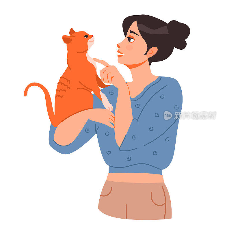 一个女人怀里抱着一只猫。一个女人抱着一只小猫。宠物的主人。平面矢量插图。