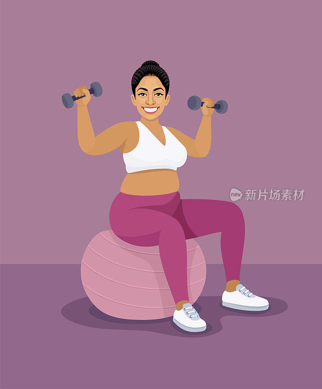 健身肥胖的印度妇女用哑铃锻炼。