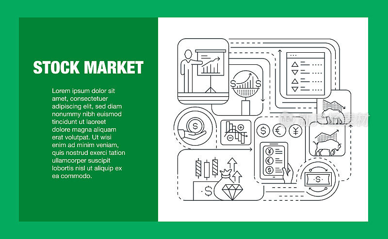 股票市场线图标集和横幅设计。分析，牛市，熊市，交易平台，市场趋势